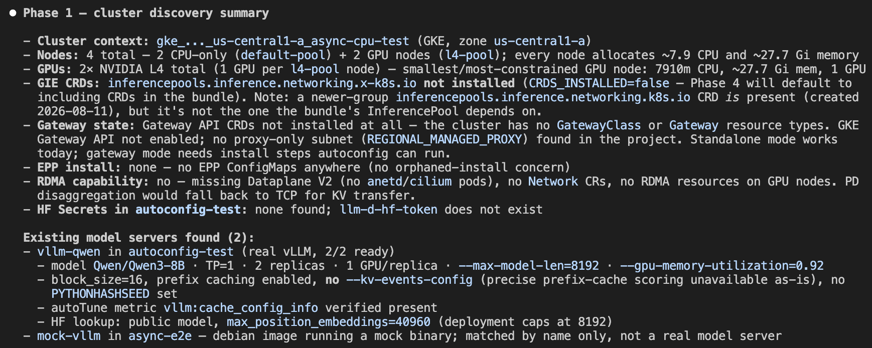 The assistant reports the discovered GPUs, CRDs, and gateway state as a bulleted summary.