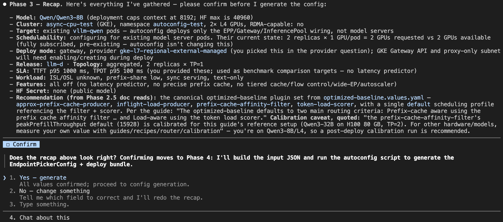 The recap lists the confirmed input and the schedulability audit before asking for a go/no-go.